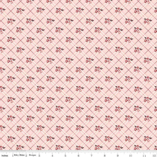 Image of Love You Always Floral Plaid Pink quilting cotton fabric by Sandy Gervais for Riley Blake Designs. Features flowers on a pink background. Cute Little Fabric Shop