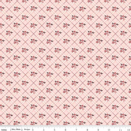 Image of Love You Always Floral Plaid Pink quilting cotton fabric by Sandy Gervais for Riley Blake Designs. Features flowers on a pink background. Cute Little Fabric Shop