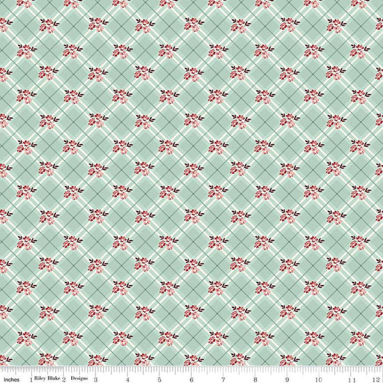 Image of Love You Always Floral Plaid Mist quilting cotton fabric by Sandy Gervais for Riley Blake Designs. Features flowers on a green background. Cute Little Fabric Shop
