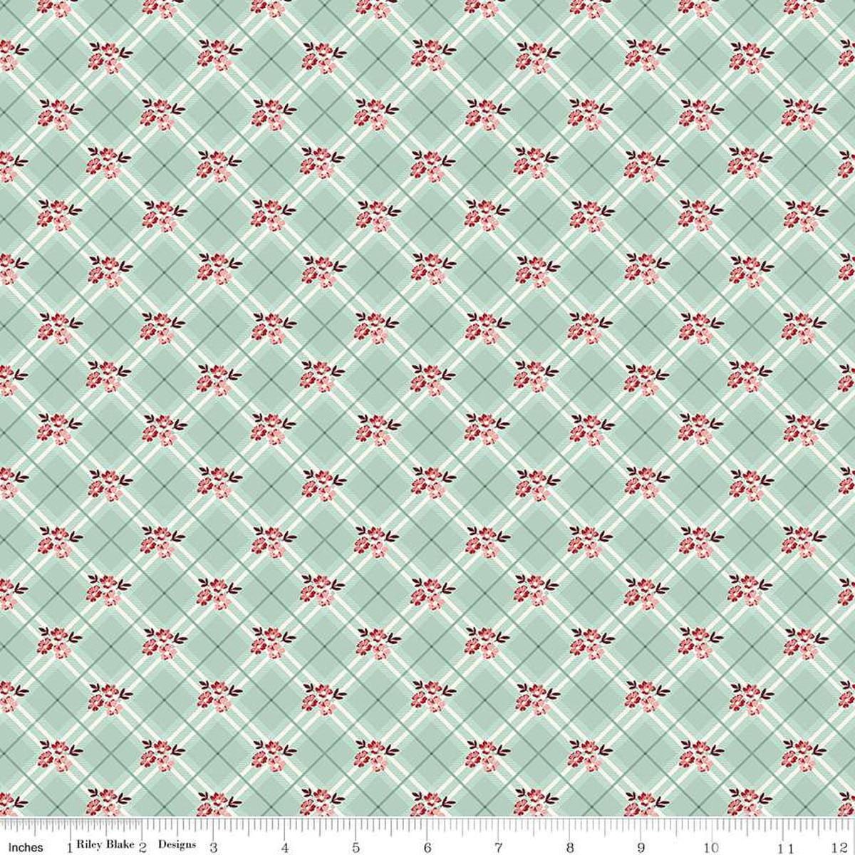 Image of Love You Always Floral Plaid Mist quilting cotton fabric by Sandy Gervais for Riley Blake Designs. Features flowers on a green background. Cute Little Fabric Shop