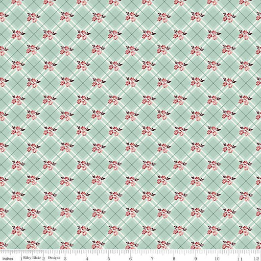 Image of Love You Always Floral Plaid Mist quilting cotton fabric by Sandy Gervais for Riley Blake Designs. Features flowers on a green background. Cute Little Fabric Shop