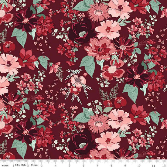 Image of Love You Always Main Burgundy quilting cotton fabric by Sandy Gervais for Riley Blake Designs. Features flowers on a red background. Cute Little Fabric Shop