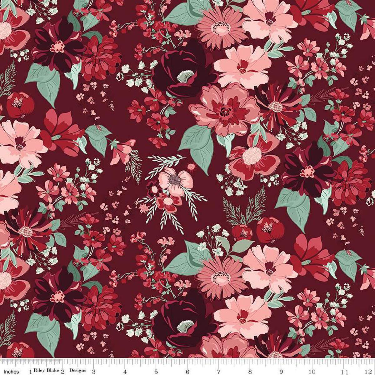 Image of Love You Always Main Burgundy quilting cotton fabric by Sandy Gervais for Riley Blake Designs. Features flowers on a red background. Cute Little Fabric Shop