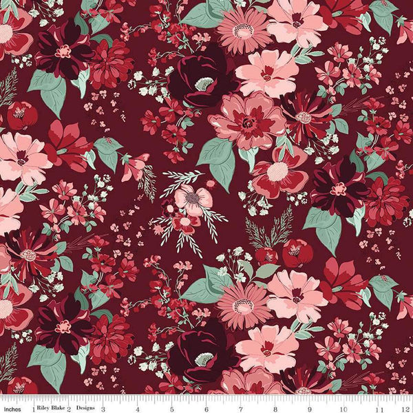 Image of Love You Always Main Burgundy quilting cotton fabric by Sandy Gervais for Riley Blake Designs. Features flowers on a red background. Cute Little Fabric Shop