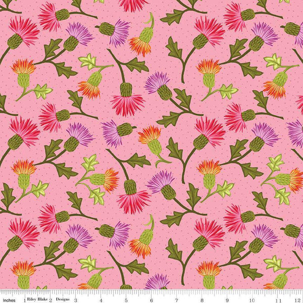 Image of Zinnias Thistles Pink quilting cotton fabric by Lila Tueller for Riley Blake Designs. Features flowers on pink background. Cute Little Fabric Shop