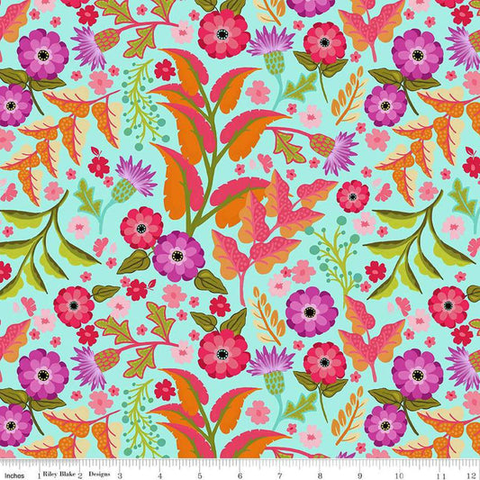 Image of Zinnias Floral Aqua quilting cotton fabric by Lila Tueller for Riley Blake Designs. Features flowers on blue background. Cute Little Fabric Shop