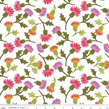 Image of Zinnias Thistles White quilting cotton fabric by Lila Tueller for Riley Blake Designs. Features flowers on white background. Cute Little Fabric Shop