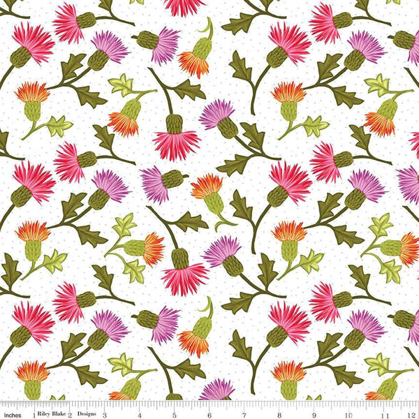 Image of Zinnias Thistles White quilting cotton fabric by Lila Tueller for Riley Blake Designs. Features flowers on white background. Cute Little Fabric Shop