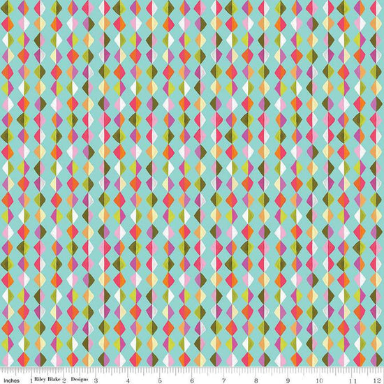 Image of Zinnias Kites Aqua quilting cotton fabric by Lila Tueller for Riley Blake Designs. Features diamonds on blue background. Cute Little Fabric Shop