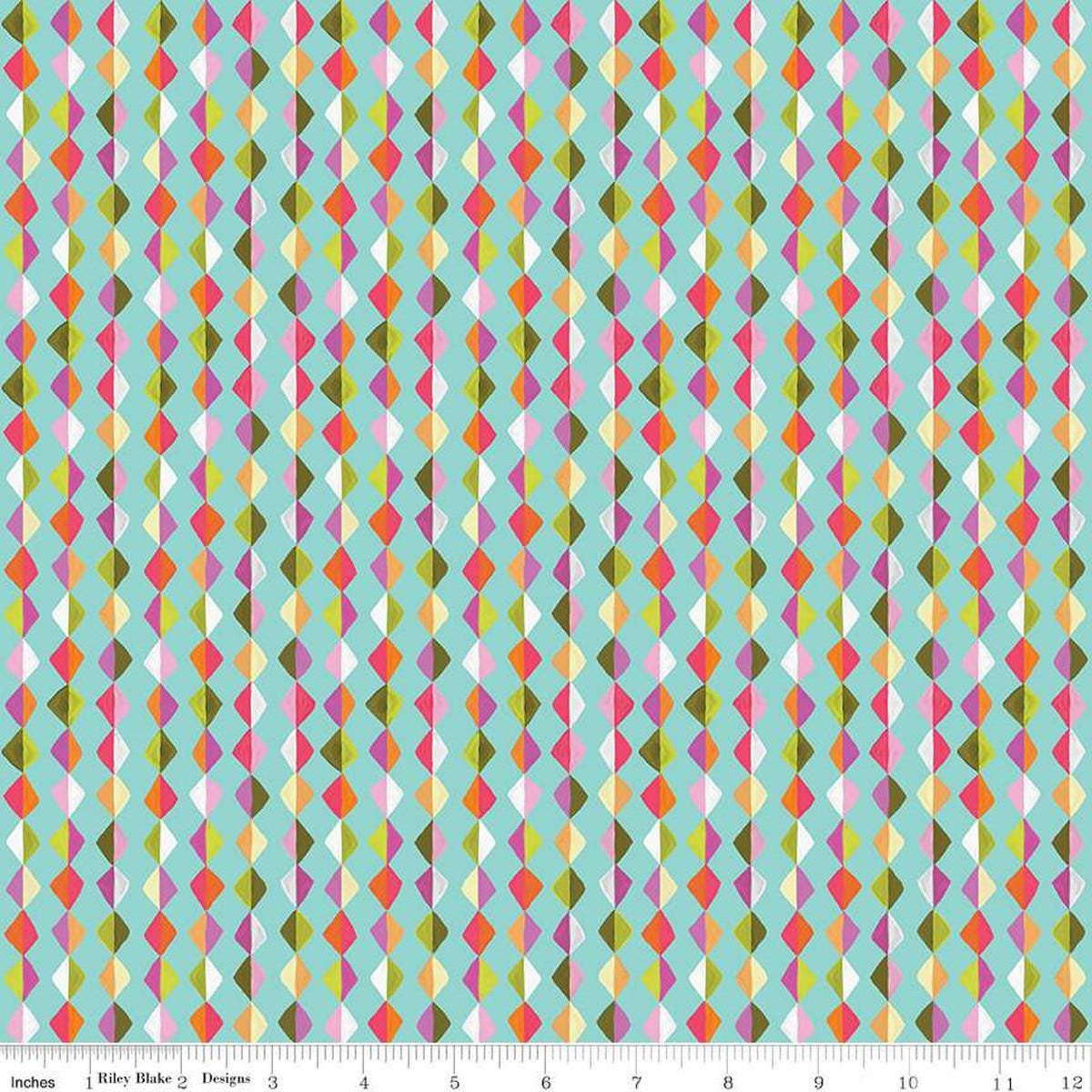 Image of Zinnias Kites Aqua quilting cotton fabric by Lila Tueller for Riley Blake Designs. Features diamonds on blue background. Cute Little Fabric Shop