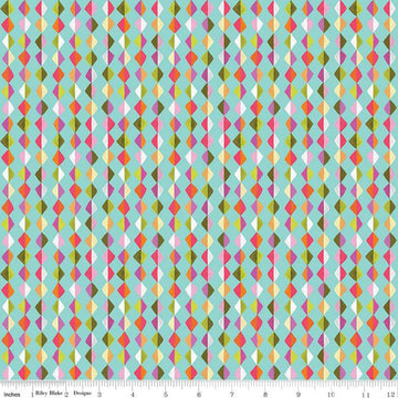 Image of Zinnias Kites Aqua quilting cotton fabric by Lila Tueller for Riley Blake Designs. Features diamonds on blue background. Cute Little Fabric Shop