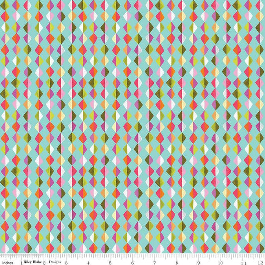 Image of Zinnias Kites Aqua quilting cotton fabric by Lila Tueller for Riley Blake Designs. Features diamonds on blue background. Cute Little Fabric Shop