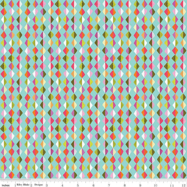 Image of Zinnias Kites Aqua quilting cotton fabric by Lila Tueller for Riley Blake Designs. Features diamonds on blue background. Cute Little Fabric Shop