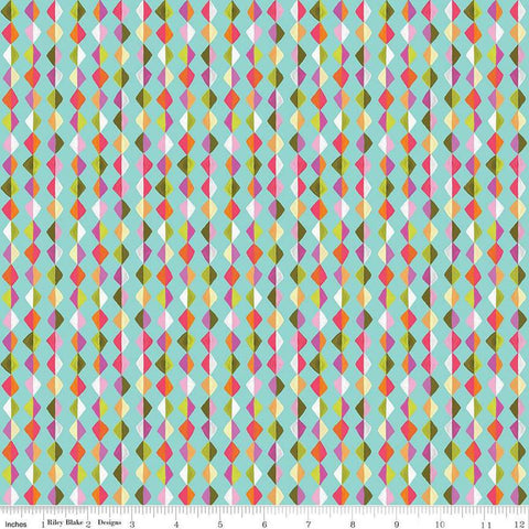 Image of Zinnias Kites Aqua quilting cotton fabric by Lila Tueller for Riley Blake Designs. Features diamonds on blue background. Cute Little Fabric Shop