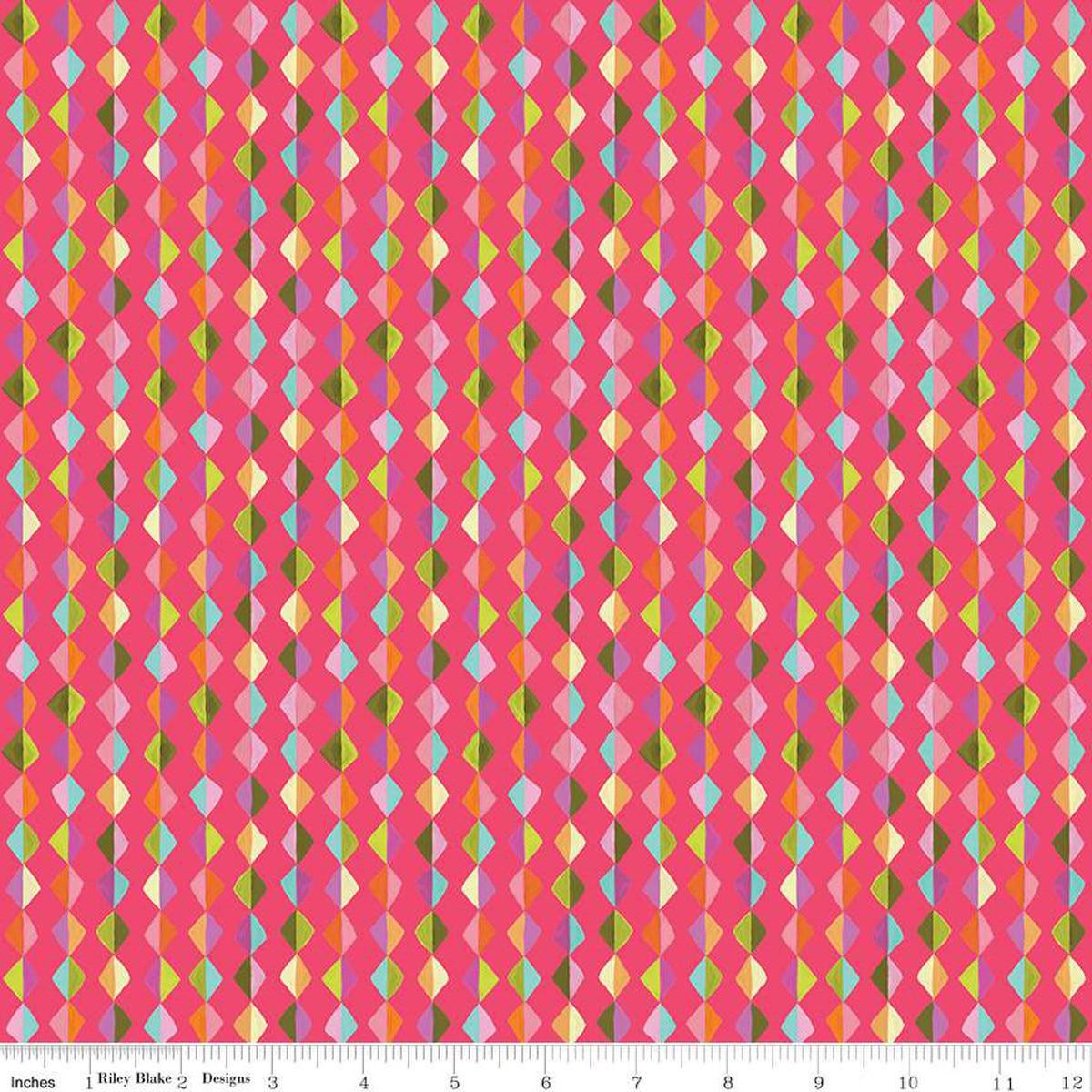 Image of Zinnias Kites Hot Pink quilting cotton fabric by Lila Tueller for Riley Blake Designs. Features diamonds on pink background. Cute Little Fabric Shop