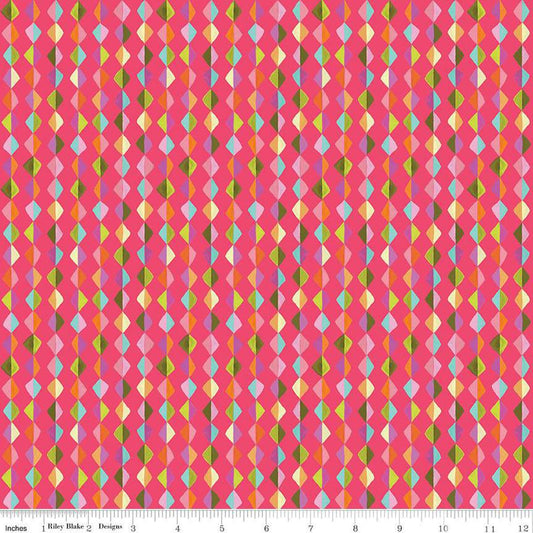 Image of Zinnias Kites Hot Pink quilting cotton fabric by Lila Tueller for Riley Blake Designs. Features diamonds on pink background. Cute Little Fabric Shop