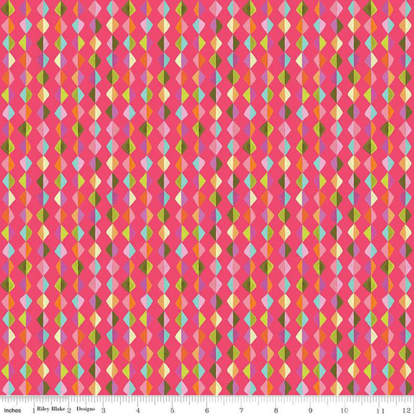 Image of Zinnias Kites Hot Pink quilting cotton fabric by Lila Tueller for Riley Blake Designs. Features diamonds on pink background. Cute Little Fabric Shop