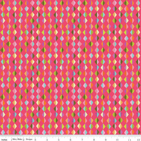 Image of Zinnias Kites Hot Pink quilting cotton fabric by Lila Tueller for Riley Blake Designs. Features diamonds on pink background. Cute Little Fabric Shop