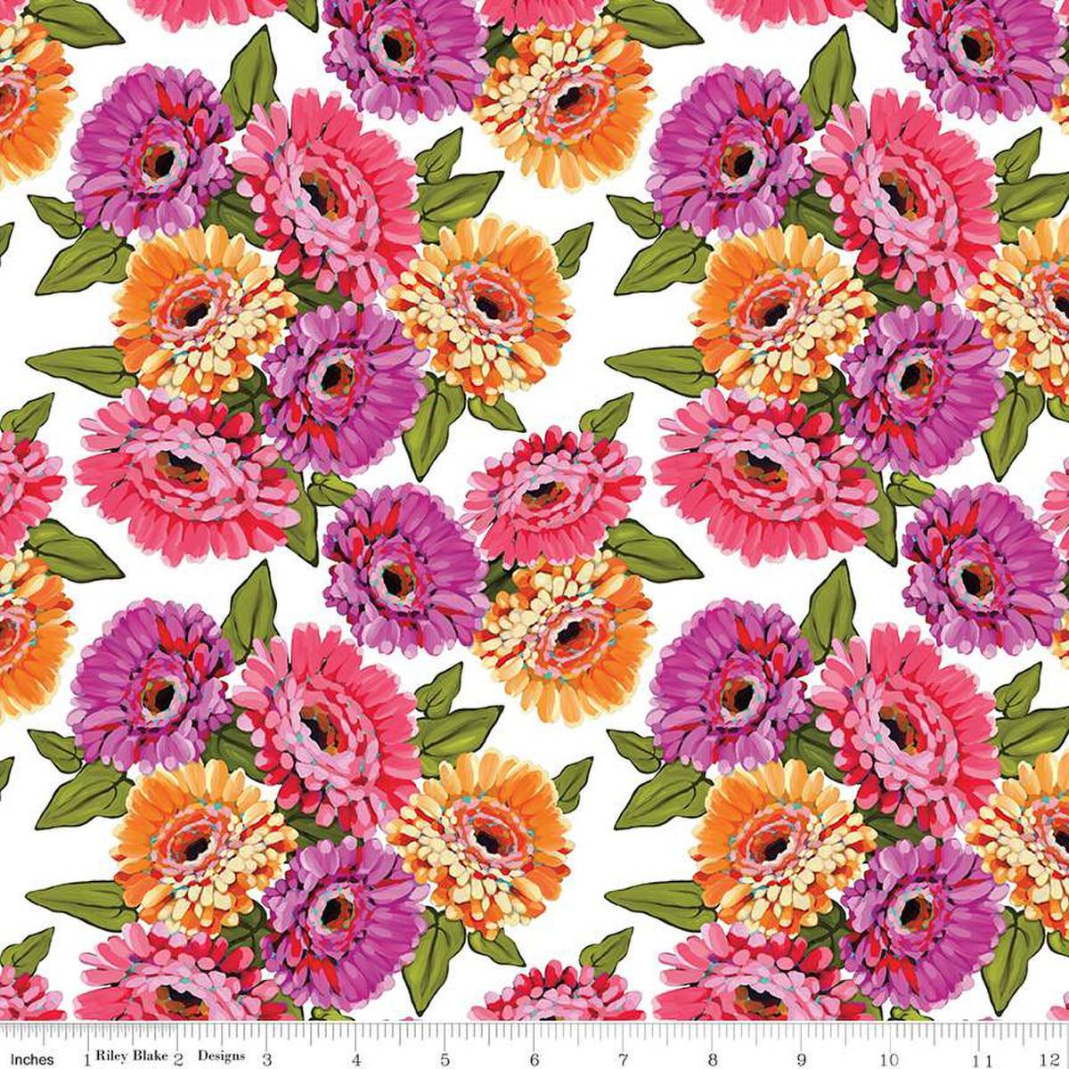 Image of Zinnias Main White quilting cotton fabric by Lila Tueller for Riley Blake Designs. Features flowers on white background. Cute Little Fabric Shop