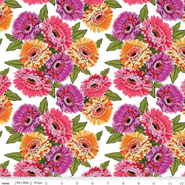 Image of Zinnias Main White quilting cotton fabric by Lila Tueller for Riley Blake Designs. Features flowers on white background. Cute Little Fabric Shop