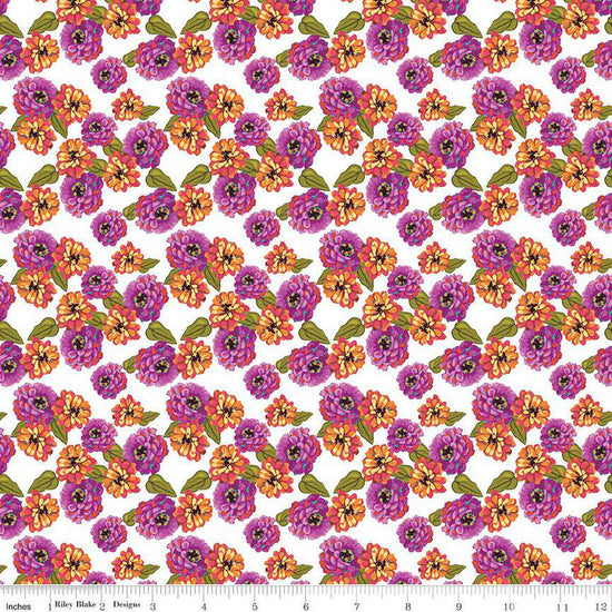 Image of Zinnias Zinnias White quilting cotton fabric by Lila Tueller for Riley Blake Designs. Features flowers on white background. Cute Little Fabric Shop