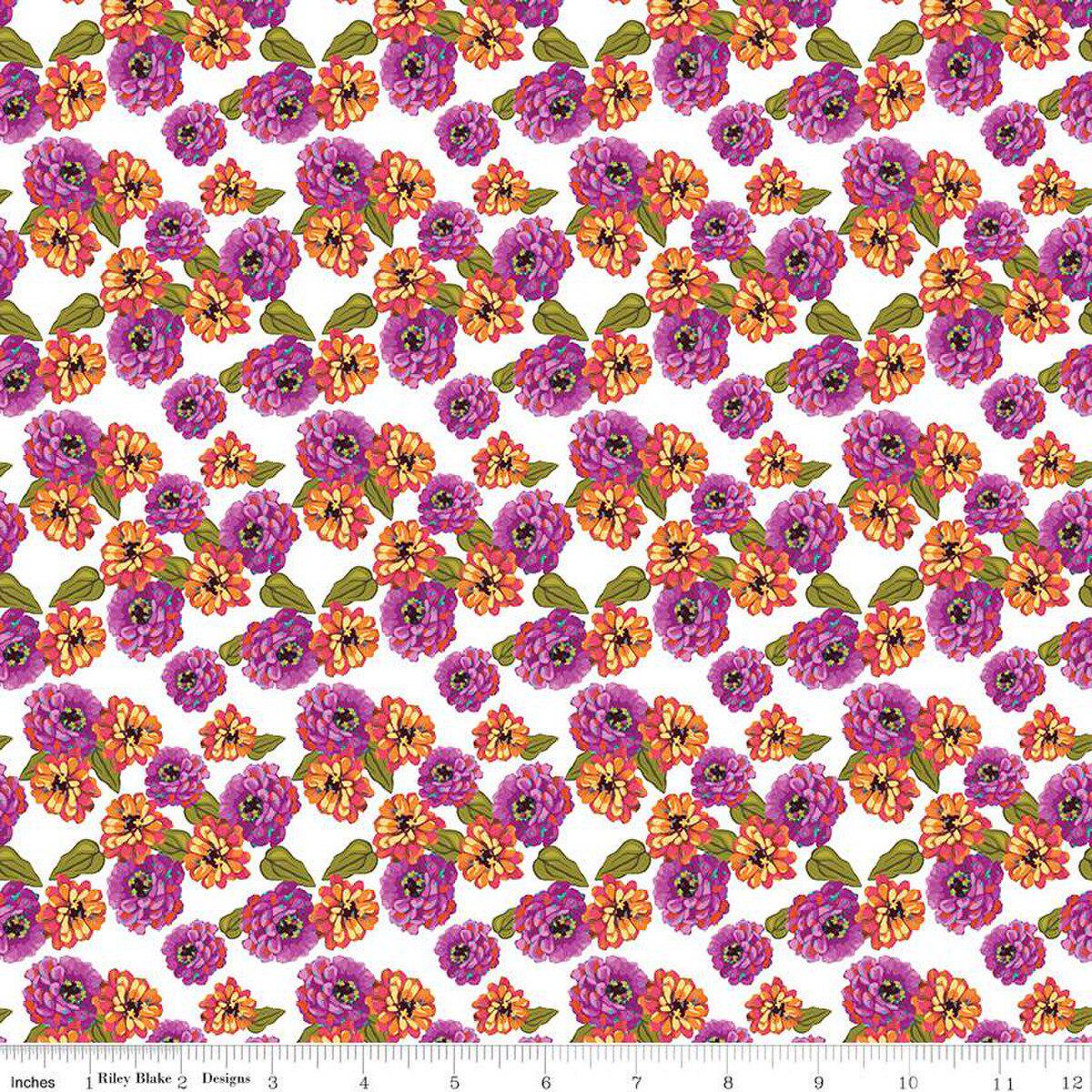 Image of Zinnias Zinnias White quilting cotton fabric by Lila Tueller for Riley Blake Designs. Features flowers on white background. Cute Little Fabric Shop