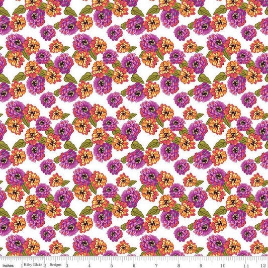 Image of Zinnias Zinnias White quilting cotton fabric by Lila Tueller for Riley Blake Designs. Features flowers on white background. Cute Little Fabric Shop