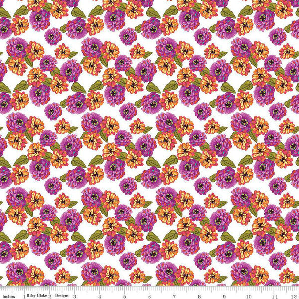 Image of Zinnias Zinnias White quilting cotton fabric by Lila Tueller for Riley Blake Designs. Features flowers on white background. Cute Little Fabric Shop