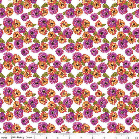 Image of Zinnias Zinnias White quilting cotton fabric by Lila Tueller for Riley Blake Designs. Features flowers on white background. Cute Little Fabric Shop