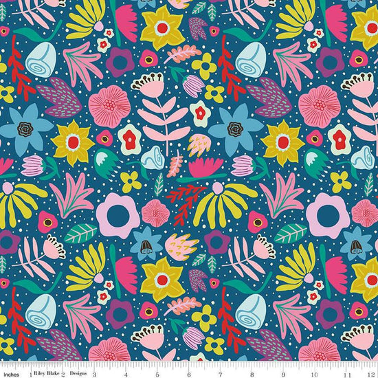 Image of The Genesis of a Journey Along the Way Denim quilting cotton fabric by Genesis Hall for Riley Blake Designs. Features flowers on a blue background. Cute Little Fabric Shop
