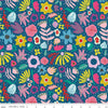 Image of The Genesis of a Journey Along the Way Denim quilting cotton fabric by Genesis Hall for Riley Blake Designs. Features flowers on a blue background. Cute Little Fabric Shop