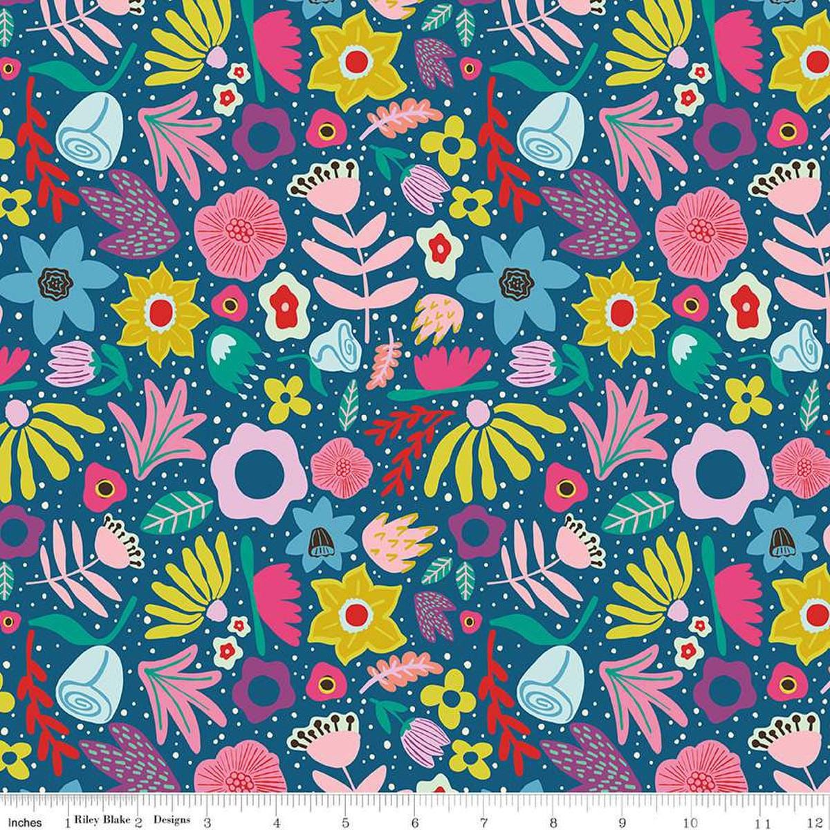 Image of The Genesis of a Journey Along the Way Denim quilting cotton fabric by Genesis Hall for Riley Blake Designs. Features flowers on a blue background. Cute Little Fabric Shop
