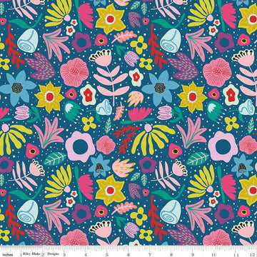 Image of The Genesis of a Journey Along the Way Denim quilting cotton fabric by Genesis Hall for Riley Blake Designs. Features flowers on a blue background. Cute Little Fabric Shop
