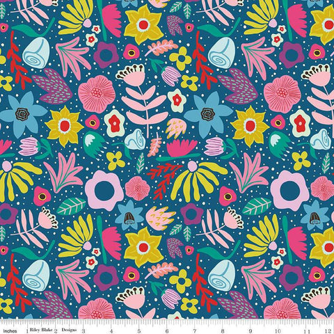 Image of The Genesis of a Journey Along the Way Denim quilting cotton fabric by Genesis Hall for Riley Blake Designs. Features flowers on a blue background. Cute Little Fabric Shop