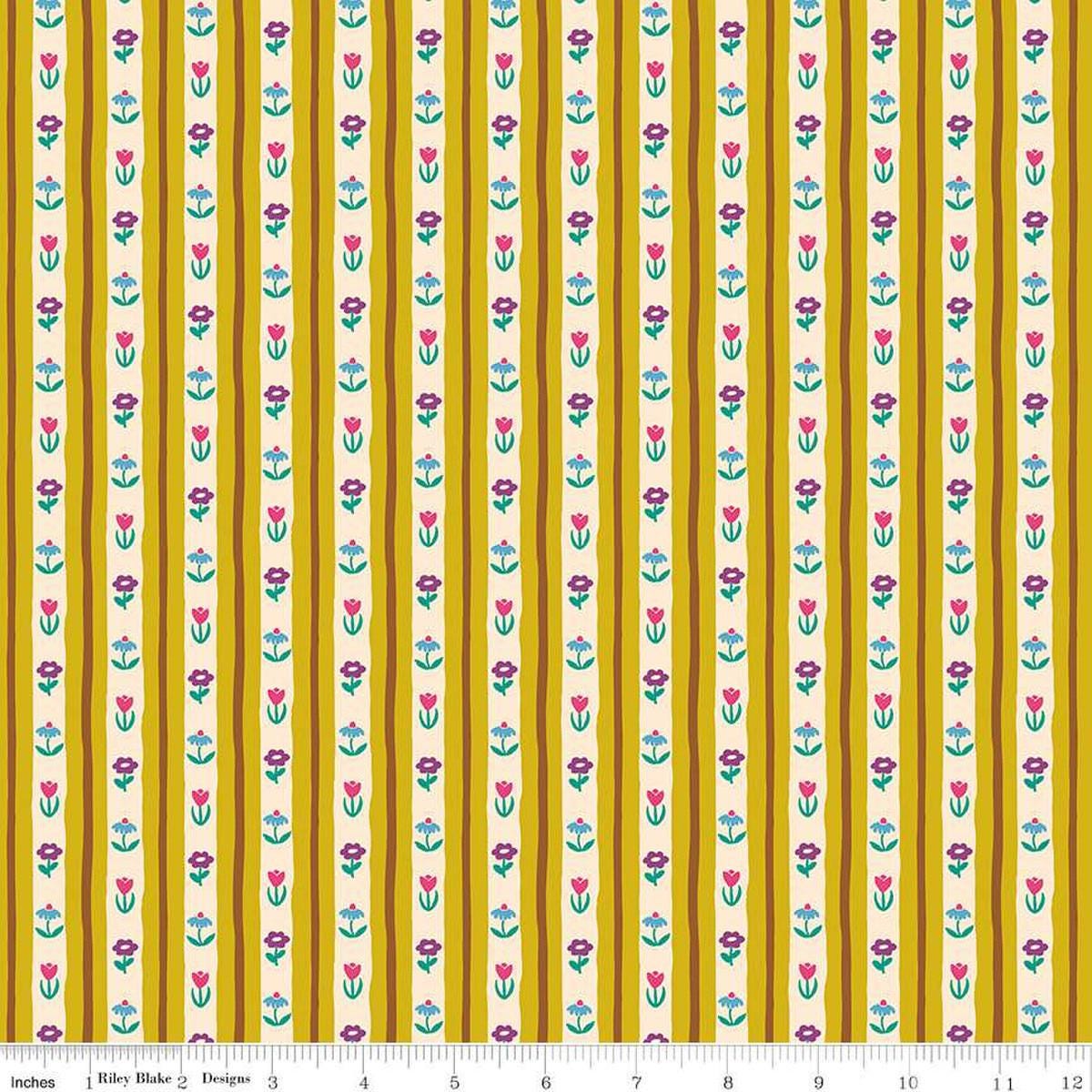 Image of The Genesis of a Journey Bavarian Curry quilting cotton fabric by Genesis Hall for Riley Blake Designs. Features stripes on a yellow background. Cute Little Fabric Shop