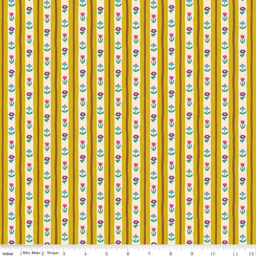 Image of The Genesis of a Journey Bavarian Curry quilting cotton fabric by Genesis Hall for Riley Blake Designs. Features stripes on a yellow background. Cute Little Fabric Shop