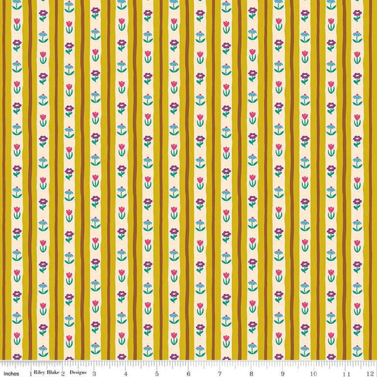 Image of The Genesis of a Journey Bavarian Curry quilting cotton fabric by Genesis Hall for Riley Blake Designs. Features stripes on a yellow background. Cute Little Fabric Shop