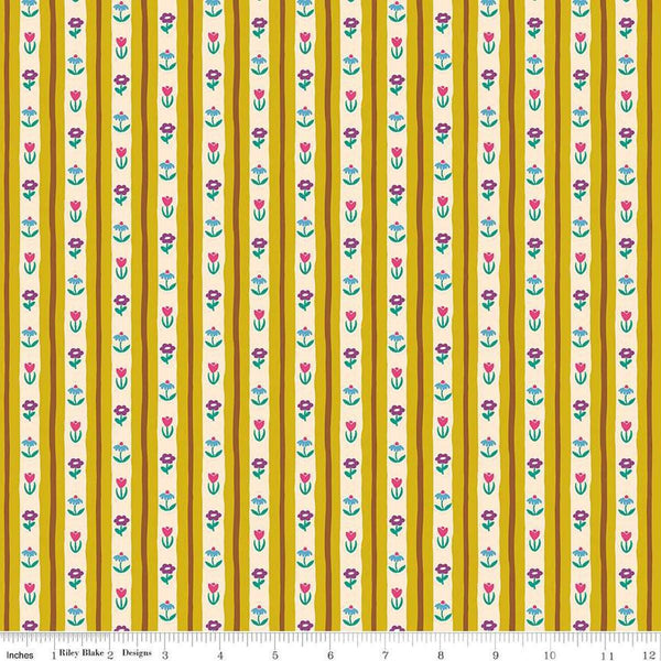 Image of The Genesis of a Journey Bavarian Curry quilting cotton fabric by Genesis Hall for Riley Blake Designs. Features stripes on a yellow background. Cute Little Fabric Shop