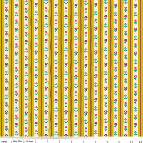 Image of The Genesis of a Journey Bavarian Curry quilting cotton fabric by Genesis Hall for Riley Blake Designs. Features stripes on a yellow background. Cute Little Fabric Shop