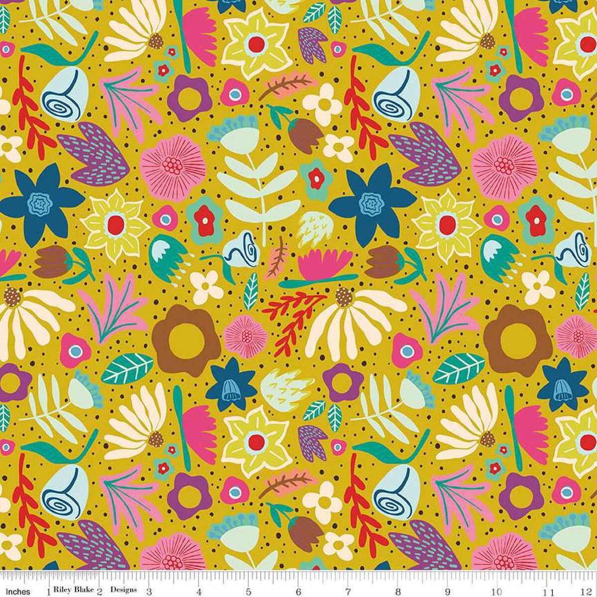 Image of The Genesis of a Journey Along the Way Curry quilting cotton fabric by Genesis Hall for Riley Blake Designs. Features flowers on a gold background. Cute Little Fabric Shop