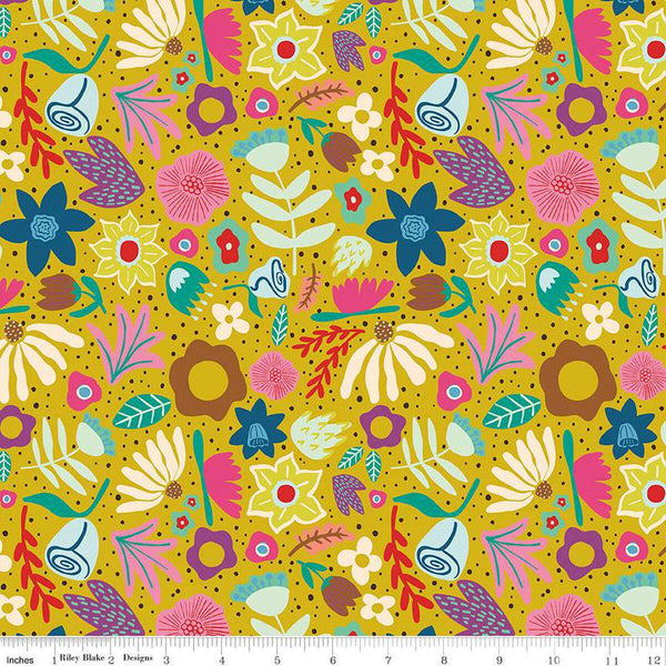 Image of The Genesis of a Journey Along the Way Curry quilting cotton fabric by Genesis Hall for Riley Blake Designs. Features flowers on a gold background. Cute Little Fabric Shop