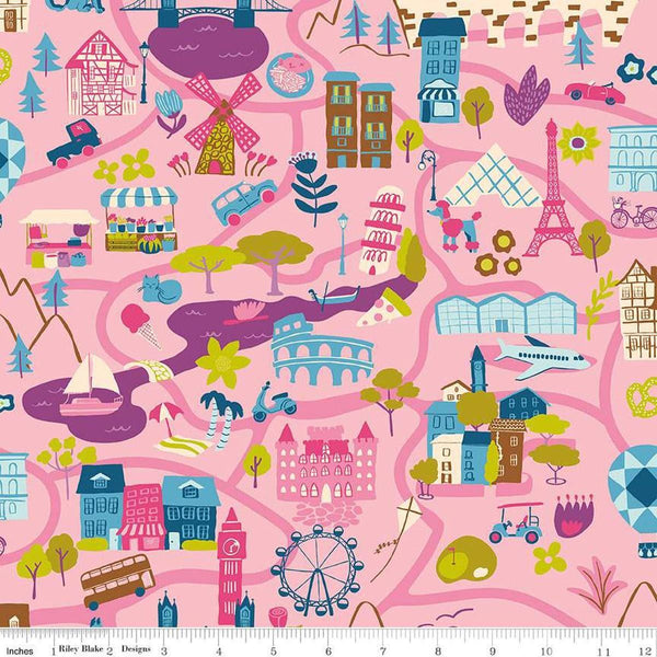 Image of The Genesis of a Journey It Takes a Village Rose quilting cotton fabric by Genesis Hall for Riley Blake Designs. Features buildings on a pink background. Cute Little Fabric Shop