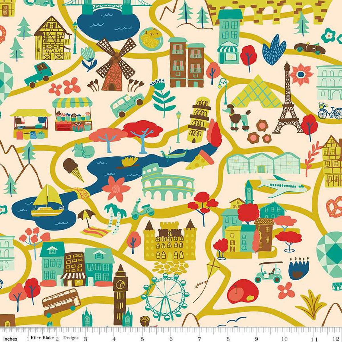 Image of The Genesis of a Journey It Takes a Village Cream quilting cotton fabric by Genesis Hall for Riley Blake Designs. Features buildings on a cream background. Cute Little Fabric Shop