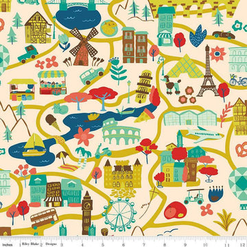Image of The Genesis of a Journey It Takes a Village Cream quilting cotton fabric by Genesis Hall for Riley Blake Designs. Features buildings on a cream background. Cute Little Fabric Shop