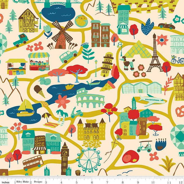 Image of The Genesis of a Journey It Takes a Village Cream quilting cotton fabric by Genesis Hall for Riley Blake Designs. Features buildings on a cream background. Cute Little Fabric Shop