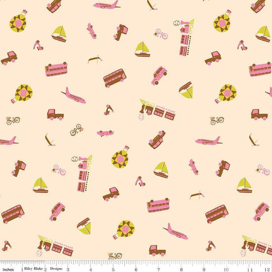Image of The Genesis of a Journey Modes of Travel Cream quilting cotton fabric by Genesis Hall for Riley Blake Designs. Features transportation on a cream background. Cute Little Fabric Shop