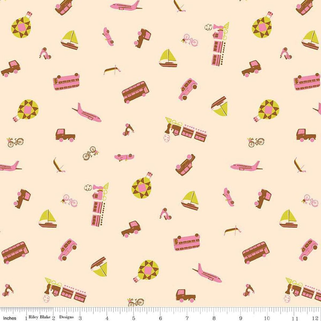 Image of The Genesis of a Journey Modes of Travel Cream quilting cotton fabric by Genesis Hall for Riley Blake Designs. Features transportation on a cream background. Cute Little Fabric Shop