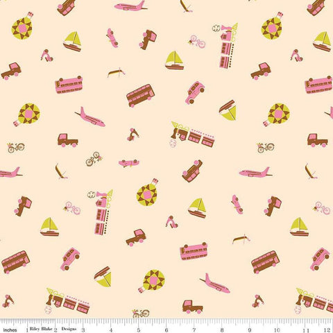 Image of The Genesis of a Journey Modes of Travel Cream quilting cotton fabric by Genesis Hall for Riley Blake Designs. Features transportation on a cream background. Cute Little Fabric Shop