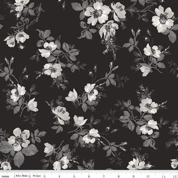 Image of Ivory & Ink Main Ink quilting cotton fabric by The RBD Designers for Riley Blake Designs. Features flowers on a black background. Cute Little Fabric Shop