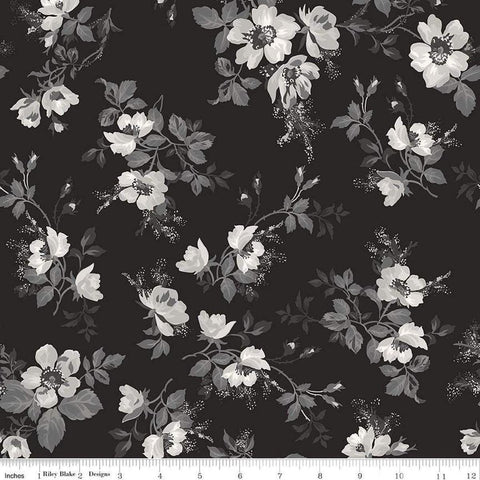 Image of Ivory & Ink Main Ink quilting cotton fabric by The RBD Designers for Riley Blake Designs. Features flowers on a black background. Cute Little Fabric Shop
